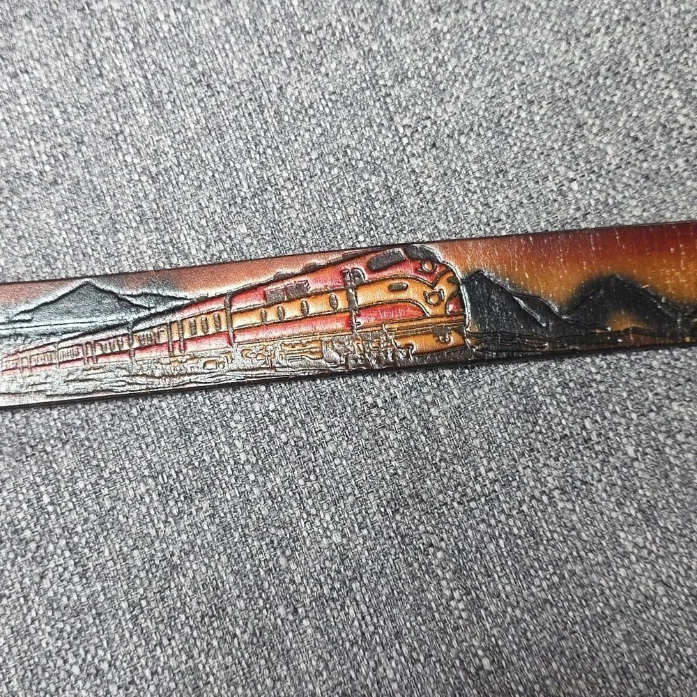 Vtg Train Western Tooled Leather Belt Mountain Buckle Steam Engines Tunnels